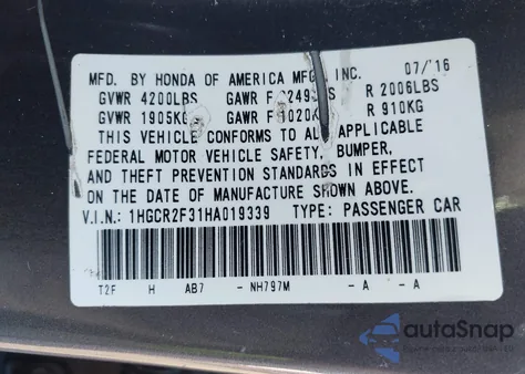 2017 Honda Accord Lx from USA, damaged, VIN 1HGCR2F31HA019339